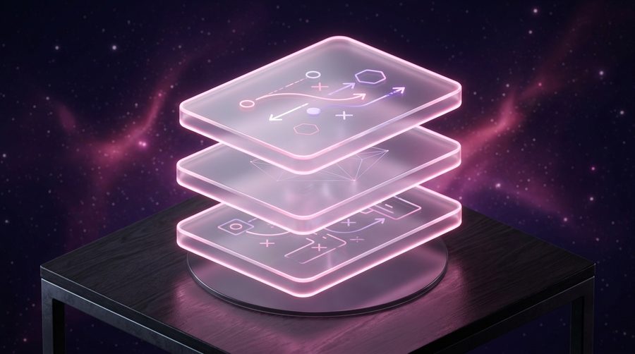 Ilustrasi tumpukan kartu strategi transparan bercahaya pink di atas meja gelap berwarna ungu